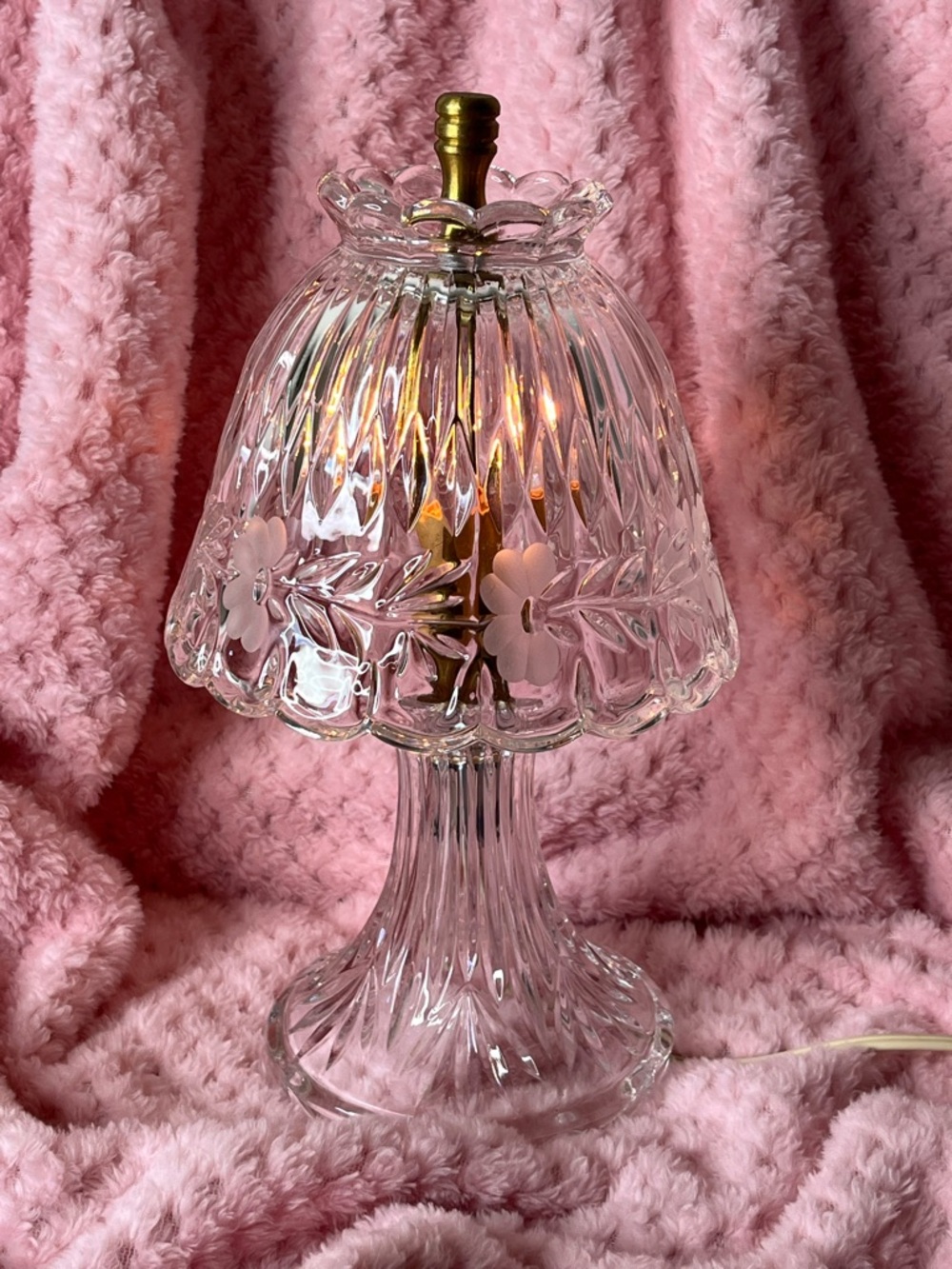 Princess House Clear Glass Floral Etched Table Lamp with Brass Finial